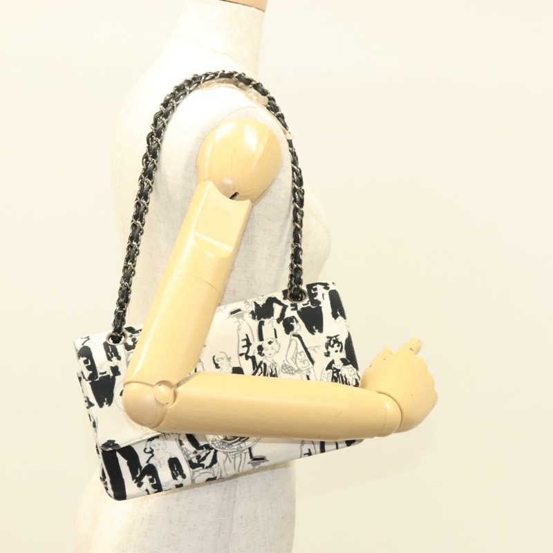 【日本直送】香奈兒 Matelasse 25 雙蓋鏈條包 帆布 白色 銀色 CC 標誌 Auth 126243SV-25