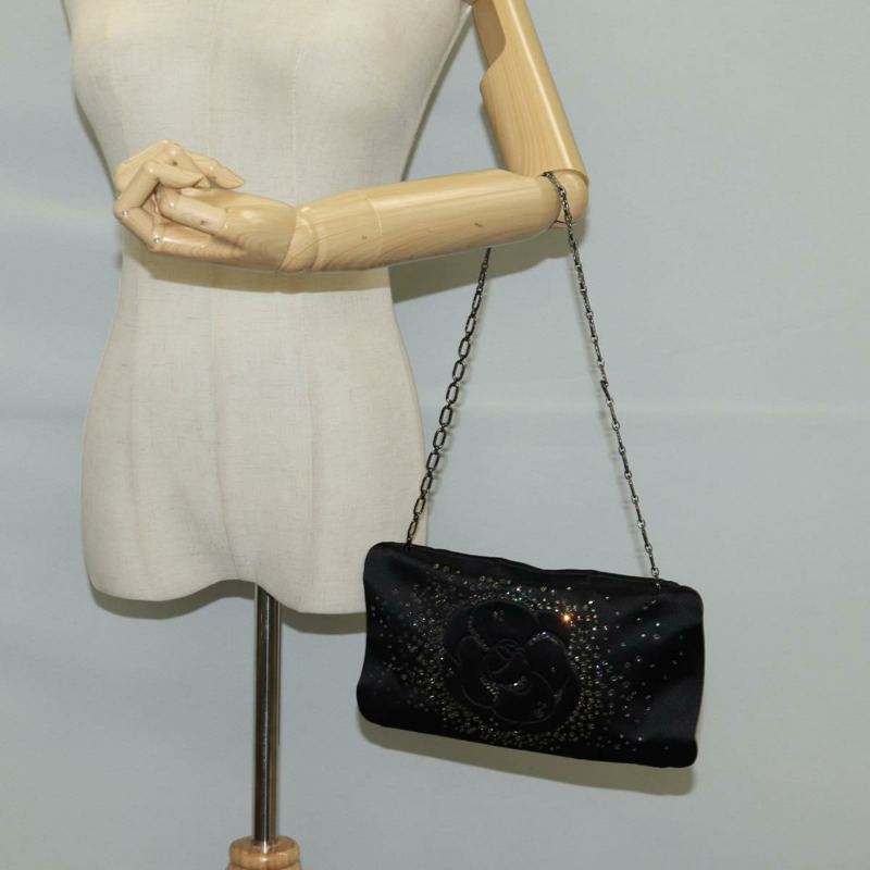 【日本直送】香奈兒山茶花水鑽鏈條配件包,緞面黑色,CC標誌,貨號128040V-23