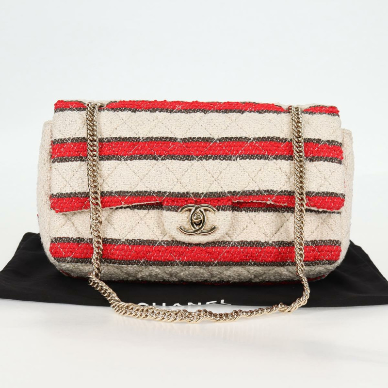 【日本直送】香奈兒 Matelasse 25 鏈條單肩包 棉質 米紅色 CC 正品 128490SV-11