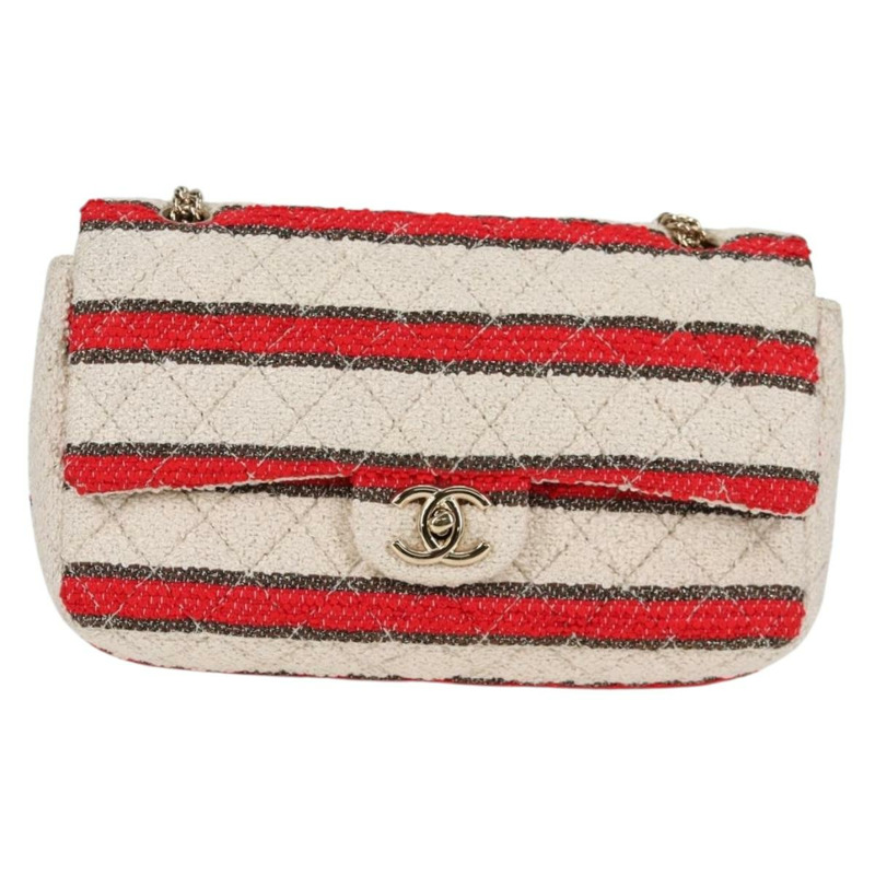 【日本直送】香奈兒 Matelasse 25 鏈條單肩包 棉質 米紅色 CC 正品 128490SV-12