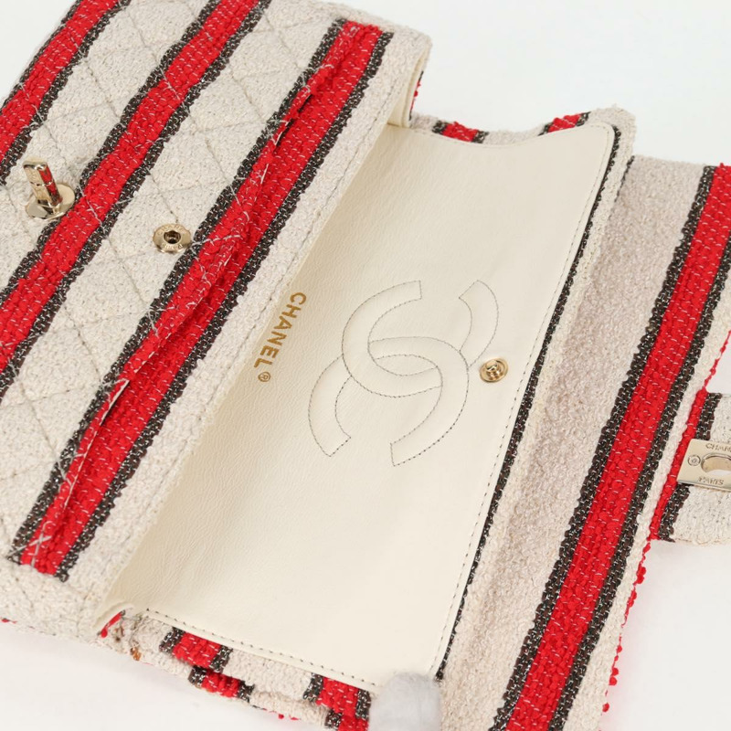 【日本直送】香奈兒 Matelasse 25 鏈條單肩包 棉質 米紅色 CC 正品 128490SV-22