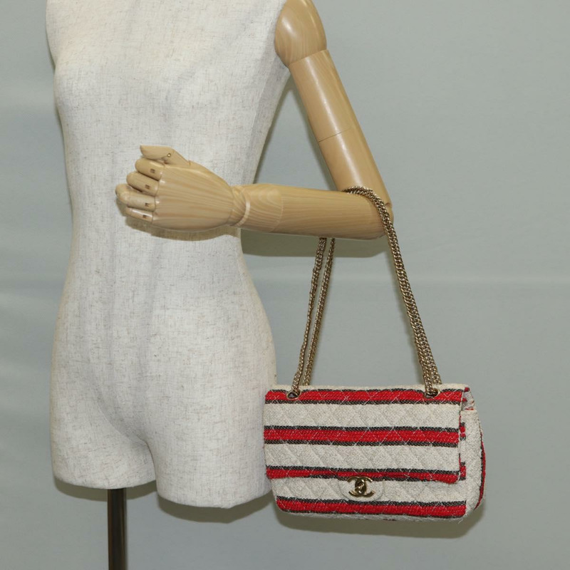 【日本直送】香奈兒 Matelasse 25 鏈條單肩包 棉質 米紅色 CC 正品 128490SV-27