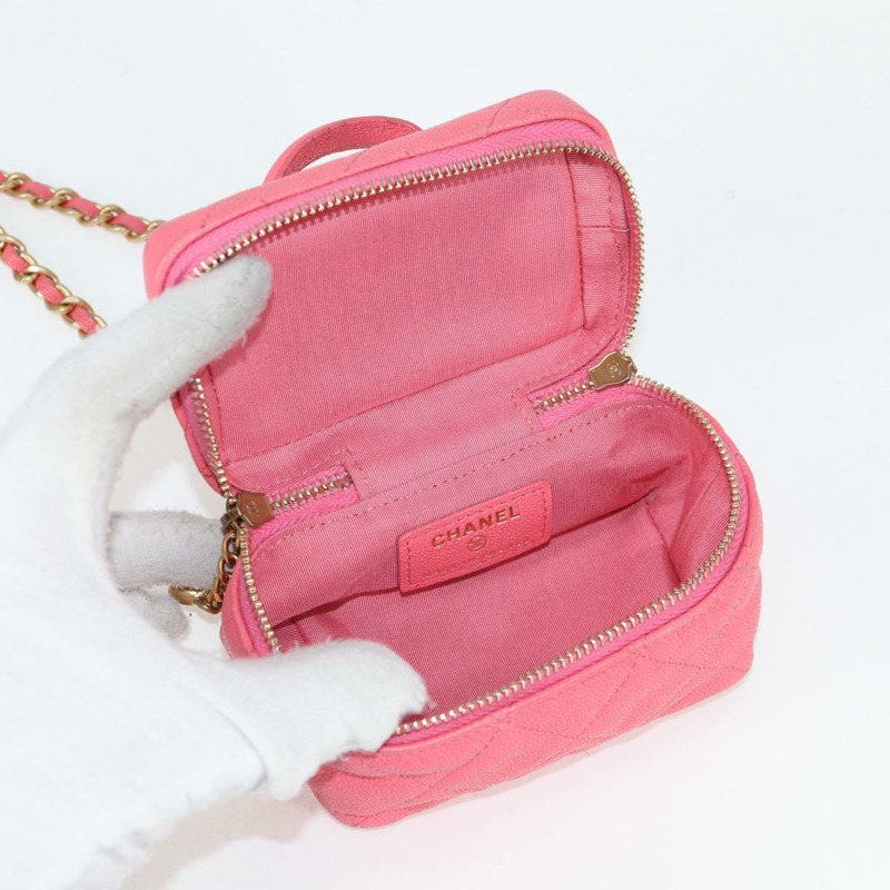 【日本直送】香奈兒 (CHANEL) 菱格紋鏈條肩背包，魚子醬紋皮革，兩用款，粉金色雙C標誌，貨號 131801M-18