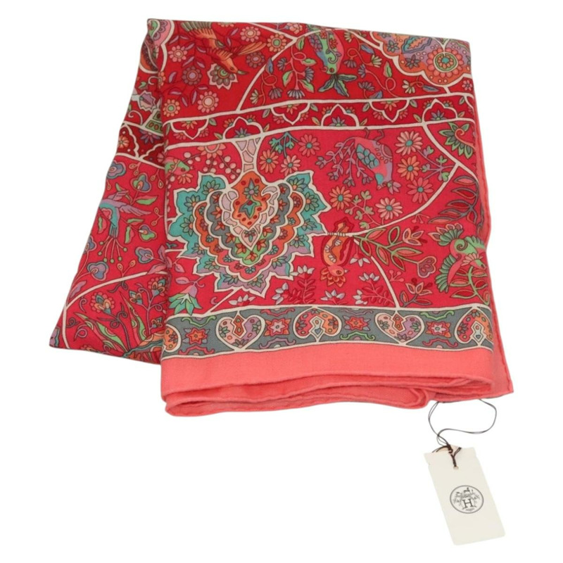 【日本直送】HERMES Carre 140 圍巾「des Oiseaux Fleurs」羊絨紅色正品 133742-0