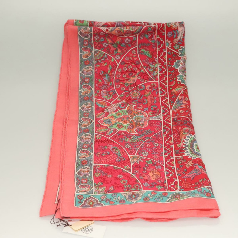 【日本直送】HERMES Carre 140 圍巾「des Oiseaux Fleurs」羊絨紅色正品 133742-5