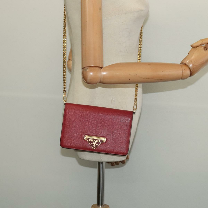 【日本直送】PRADA 鏈條單肩包 皮革 紅色 金色 正品 129643-22