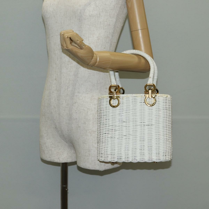 【日本直送】Salvatore Ferragamo Gancini 手提包 拉菲草 白金 正品 136858V-24
