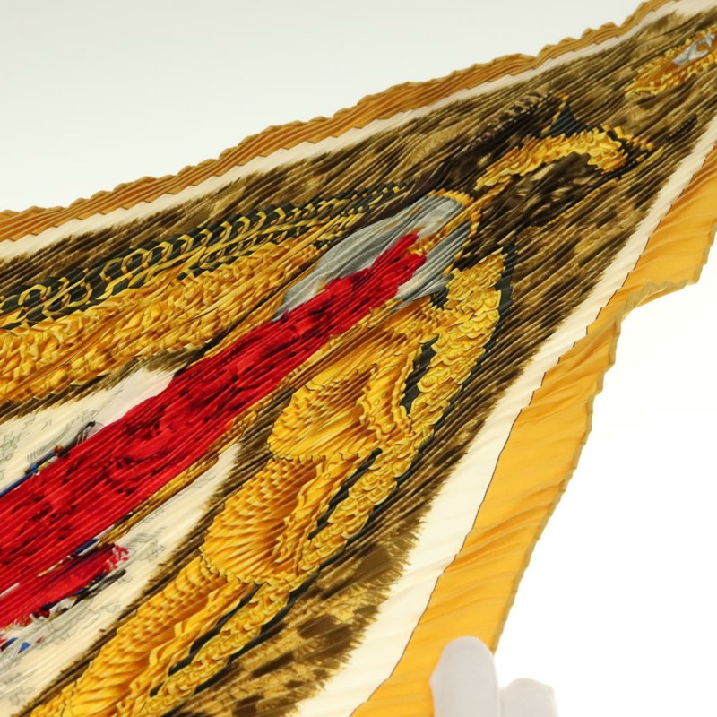 【日本直送】愛馬仕褶皺絲巾「CASQUES PLUMETS」真絲黃色正品 135394-4