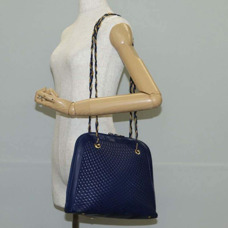 【日本直送】BALLY 絎縫鏈條單肩包 皮革 藍色 金色 正品 BA4685-23