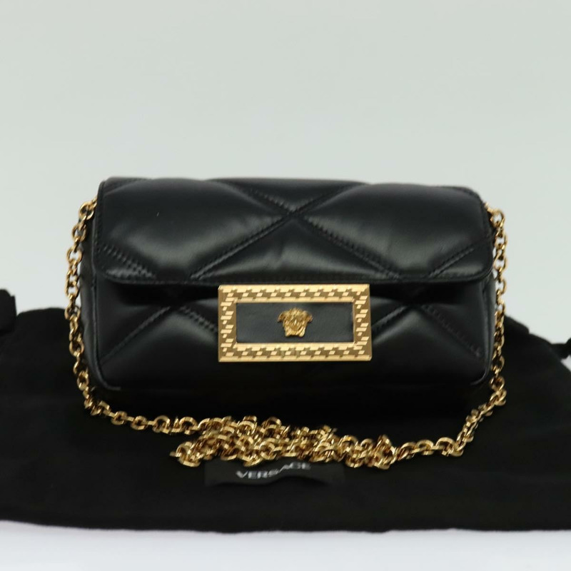 【日本直送】VERSACE 鏈條單肩包 皮革 黑金 正品 136648-11