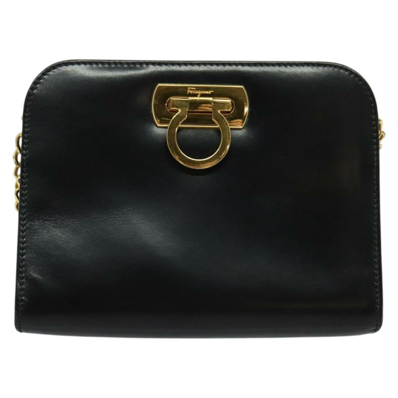 【日本直送】Salvatore Ferragamo Gancini 鏈條單肩包 皮革 黑金色 正品 HK2925-12