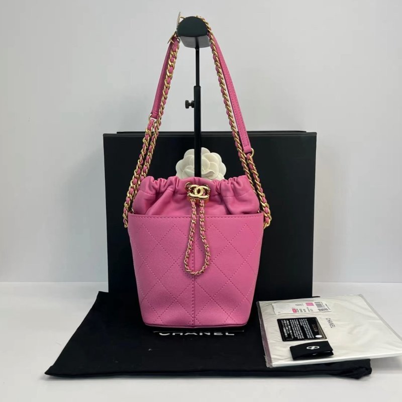 CHANEL drawstring bag紫色金扣水桶包18*21*12 全新閒置配件盒子塵袋保卡-0