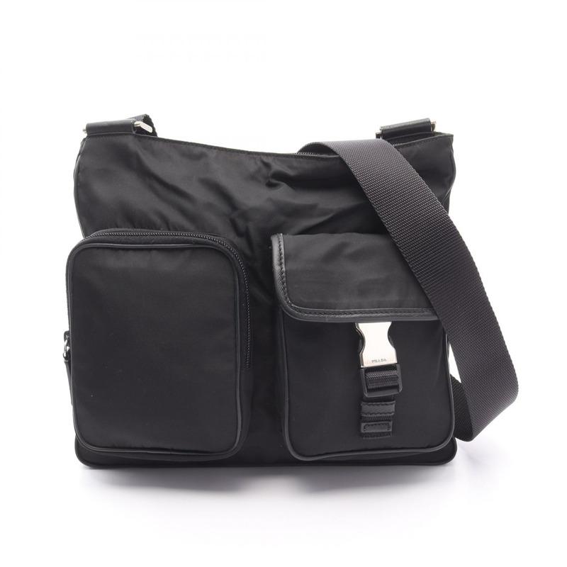 PRADA 斜背包 尼龍十字紋皮革 黑色 二手 女士-0