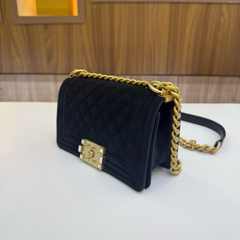 Chanel香奈兒 ❤️ Leboy小號黑金絲絨鑽扣鏈條包 肩背包 斜背包-3