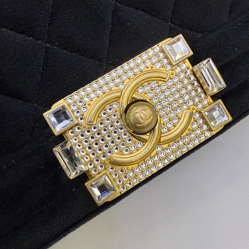 Chanel香奈兒 ❤️ Leboy小號黑金絲絨鑽扣鏈條包 肩背包 斜背包-5