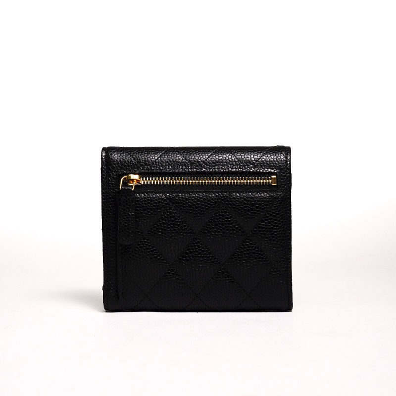 CHANEL Caviar 金色CC Logo 菱格紋荔枝牛皮三折短夾(黑色)-1