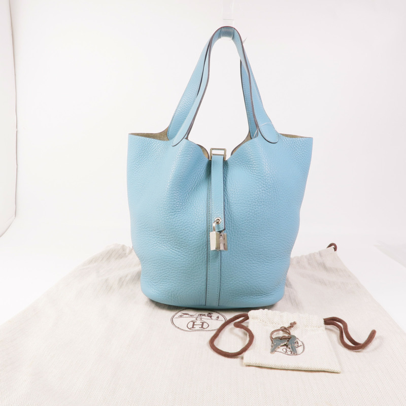 HERMES Clemence皮革Picotin MM銀扣手挽袋Bleu Atoll-15
