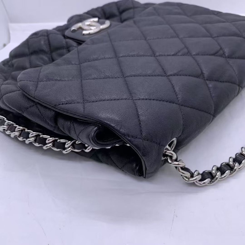 CHANEL香奈兒黑銀雲朵cf鏈條包黑色牛皮-8
