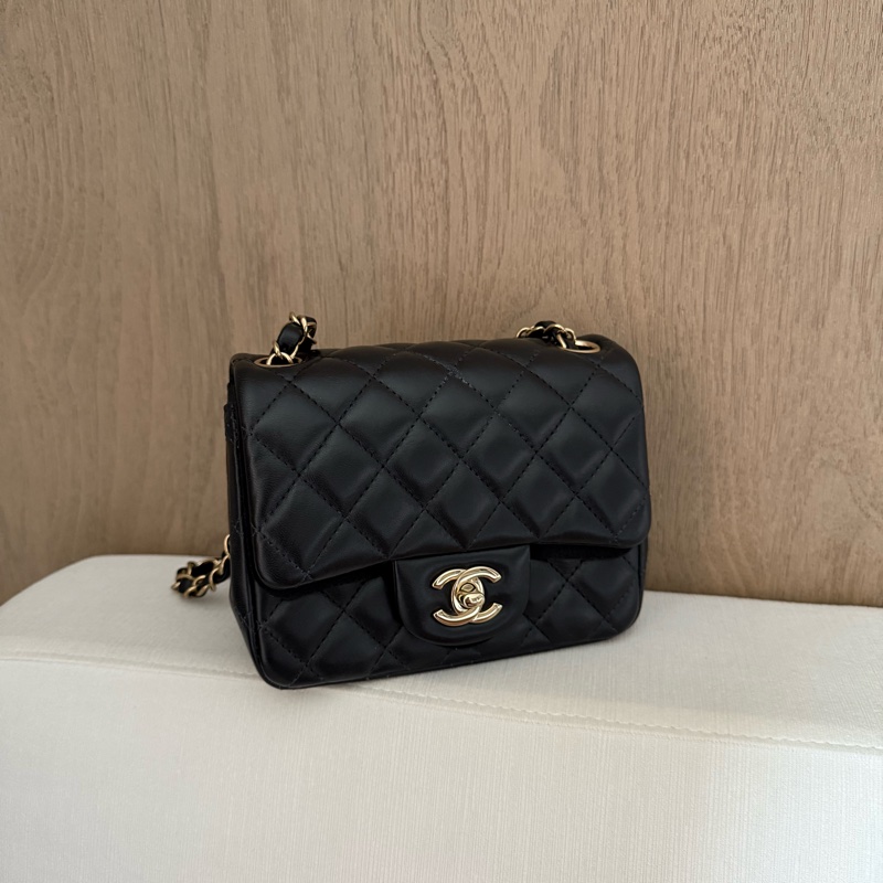CHANEL MINI COCO黑色羊皮金釦金鍊肩背斜背包17公分方胖子-0