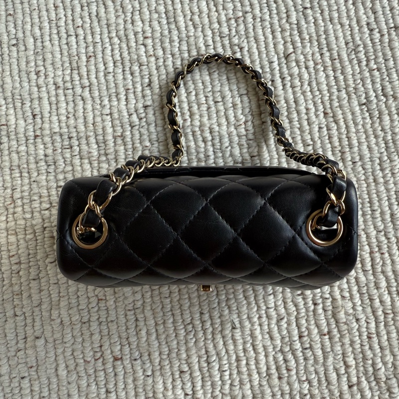 CHANEL MINI COCO黑色羊皮金釦金鍊肩背斜背包17公分方胖子-2