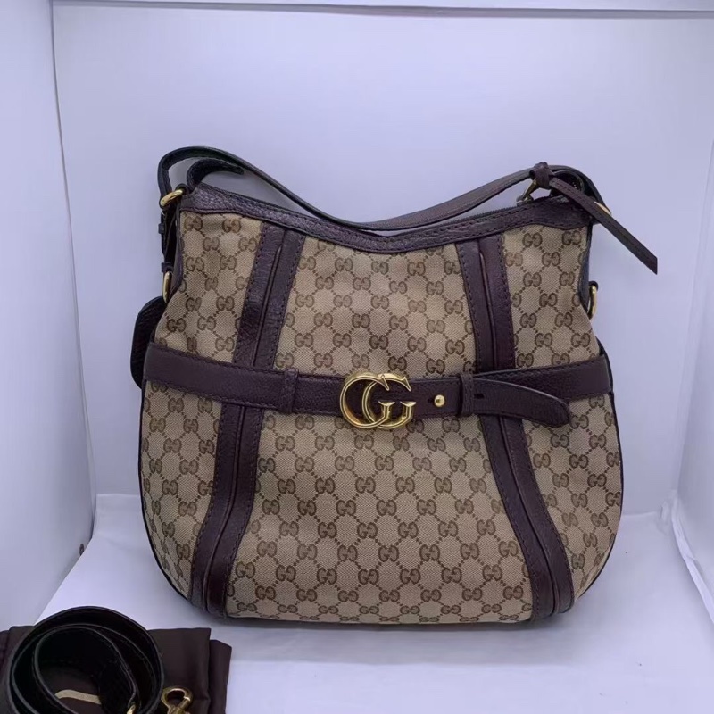 二手Gucci古馳經典雙G老花帆布拼棕色牛皮大號hobo，顏色復古百搭，尺寸：34cm*26cm-0