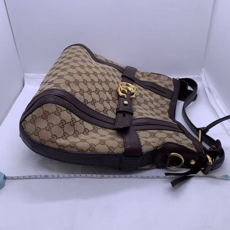 二手Gucci古馳經典雙G老花帆布拼棕色牛皮大號hobo，顏色復古百搭，尺寸：34cm*26cm-2