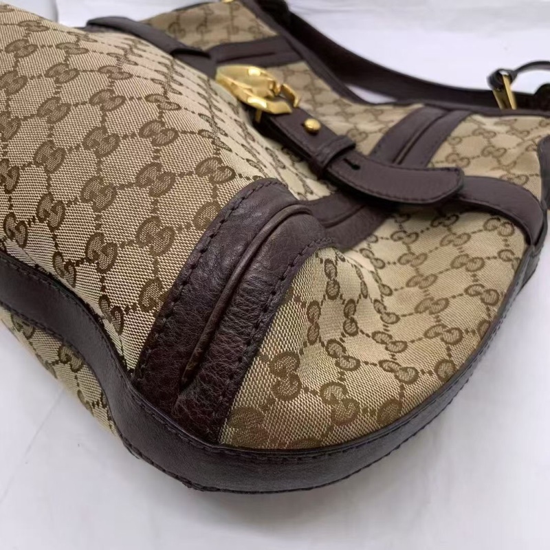 二手Gucci古馳經典雙G老花帆布拼棕色牛皮大號hobo，顏色復古百搭，尺寸：34cm*26cm-5