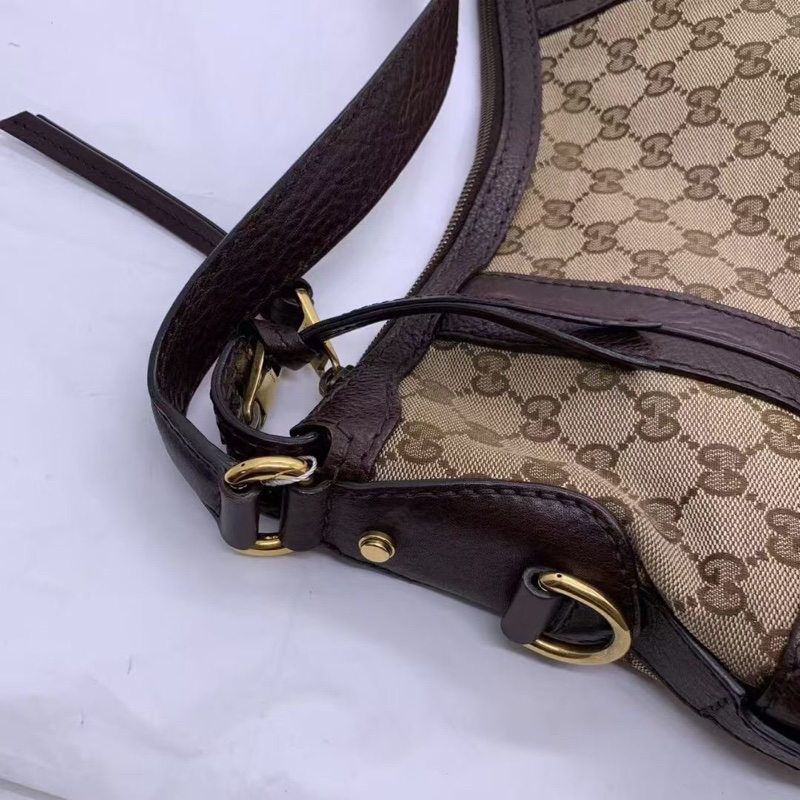 二手Gucci古馳經典雙G老花帆布拼棕色牛皮大號hobo，顏色復古百搭，尺寸：34cm*26cm-8