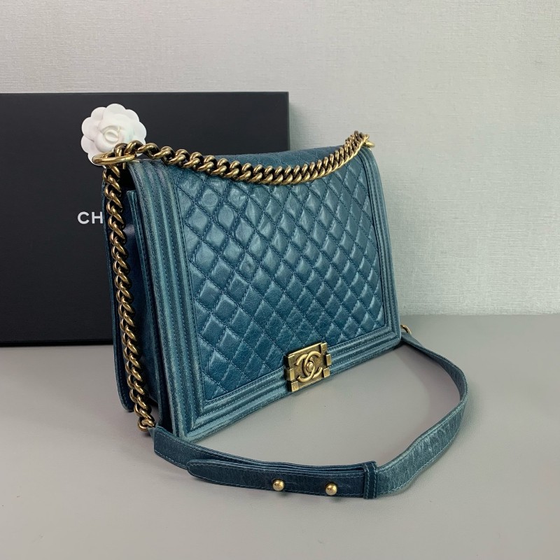Chanel 香奈兒 大號leboy 藍色金扣鏈條包 17開-1