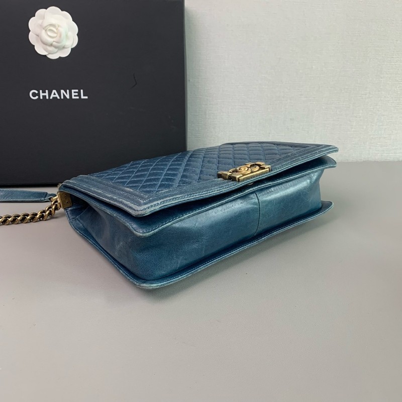 Chanel 香奈兒 大號leboy 藍色金扣鏈條包 17開-4