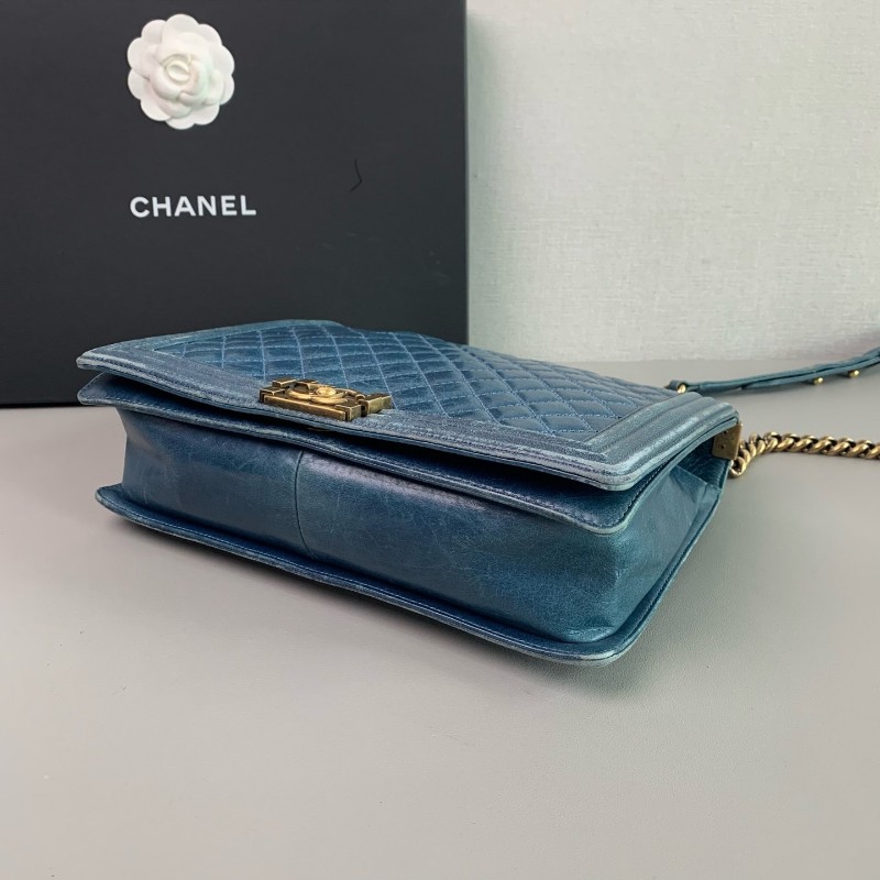 Chanel 香奈兒 大號leboy 藍色金扣鏈條包 17開-5