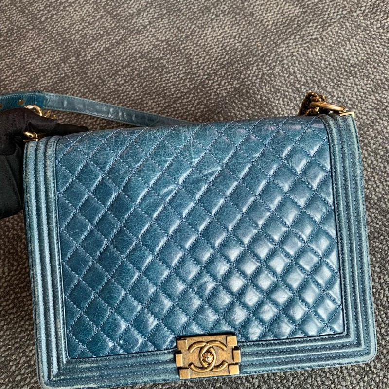 Chanel 香奈兒 大號leboy 藍色金扣鏈條包 17開-6