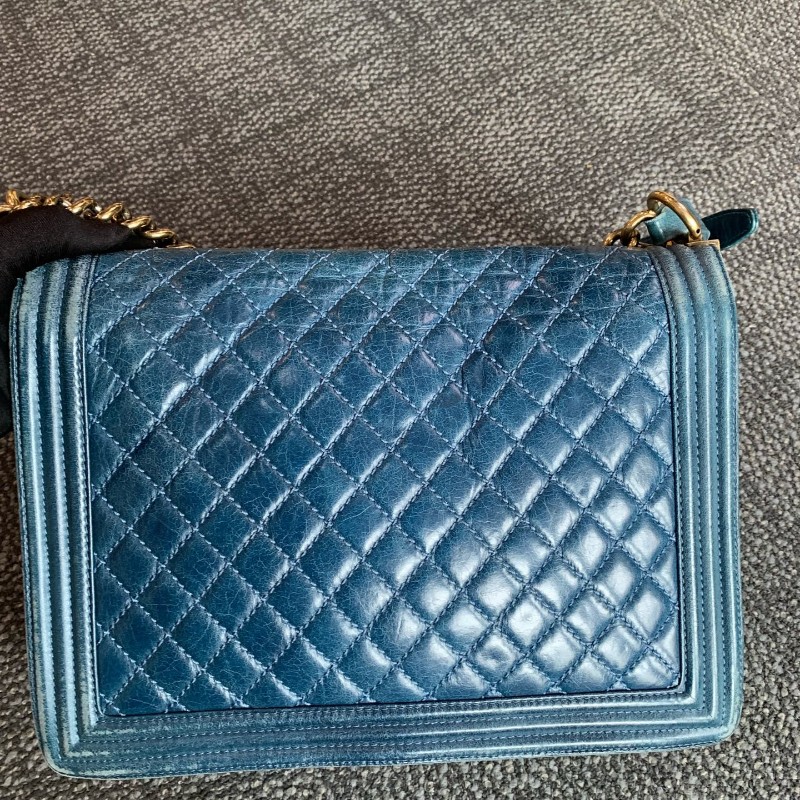 Chanel 香奈兒 大號leboy 藍色金扣鏈條包 17開-7