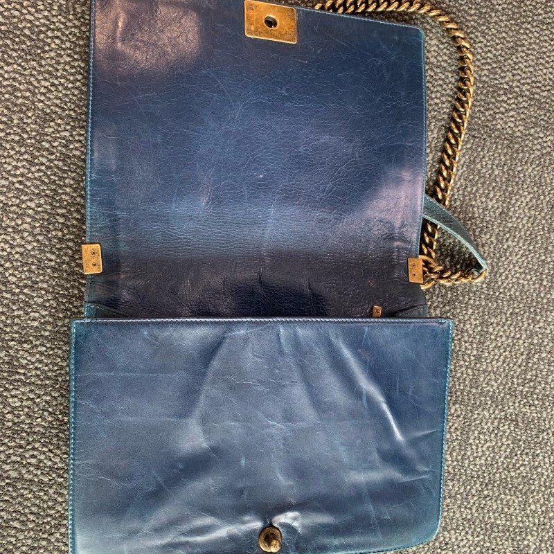 Chanel 香奈兒 大號leboy 藍色金扣鏈條包 17開-18