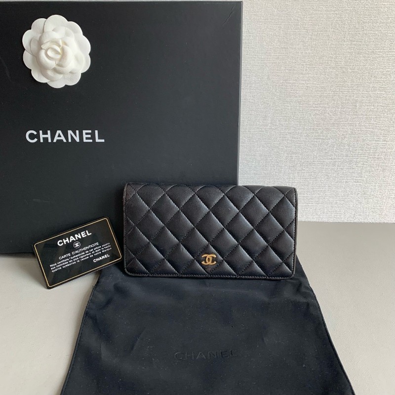Chanel 香奈兒 黑金 錢包 羊皮長夾 銀包 21開-0