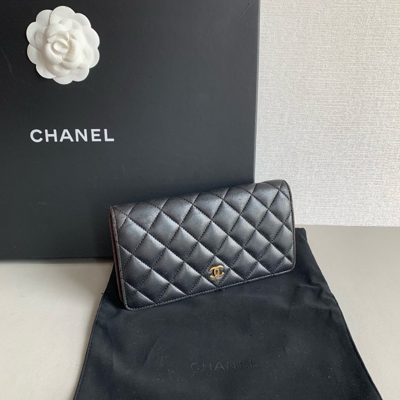 Chanel 香奈兒 黑金 錢包 羊皮長夾 銀包 21開-1