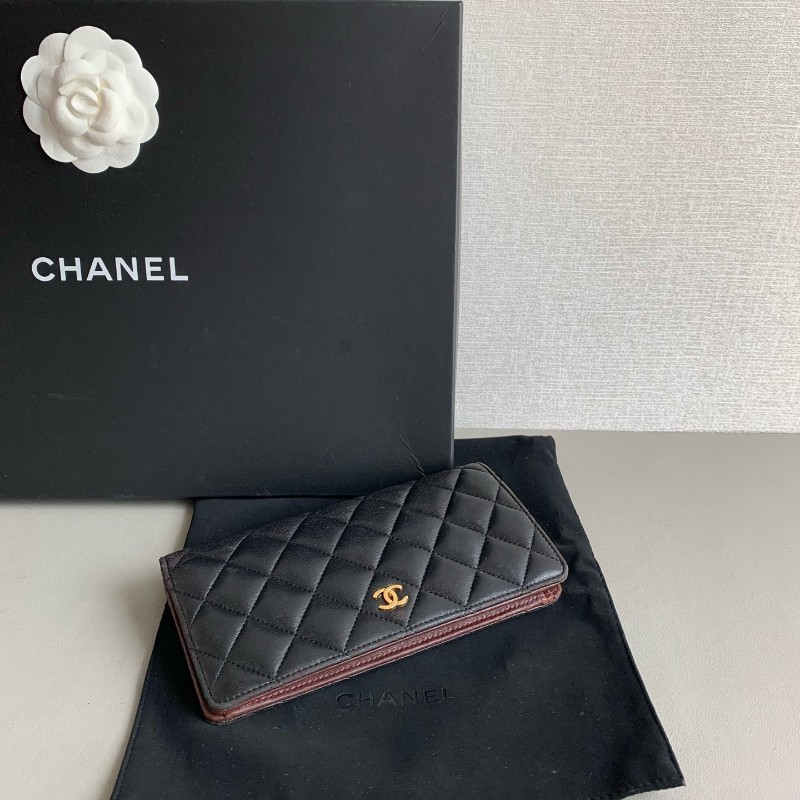Chanel 香奈兒 黑金 錢包 羊皮長夾 銀包 21開-5