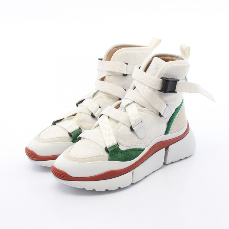 Chloe Sonnie 女士運動鞋，皮革絨面革，白色/綠色/多色，36碼，二手。-0