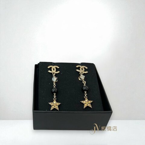 JS1062-CHANEL 黃色水鑽雙C垂墜串珠星星耳環