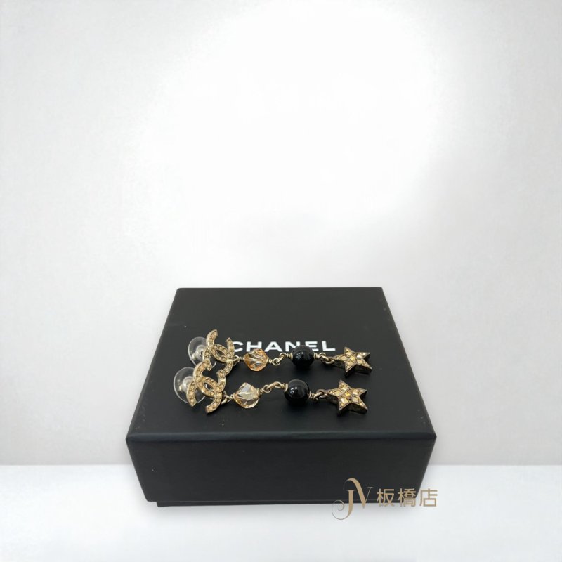 CHANEL 黃色水鑽雙C垂墜串珠星星耳環-2