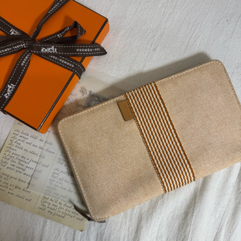 Hermes 髒橘拼色帆布亞麻ㄇ字拉鏈多功能手拿包-1