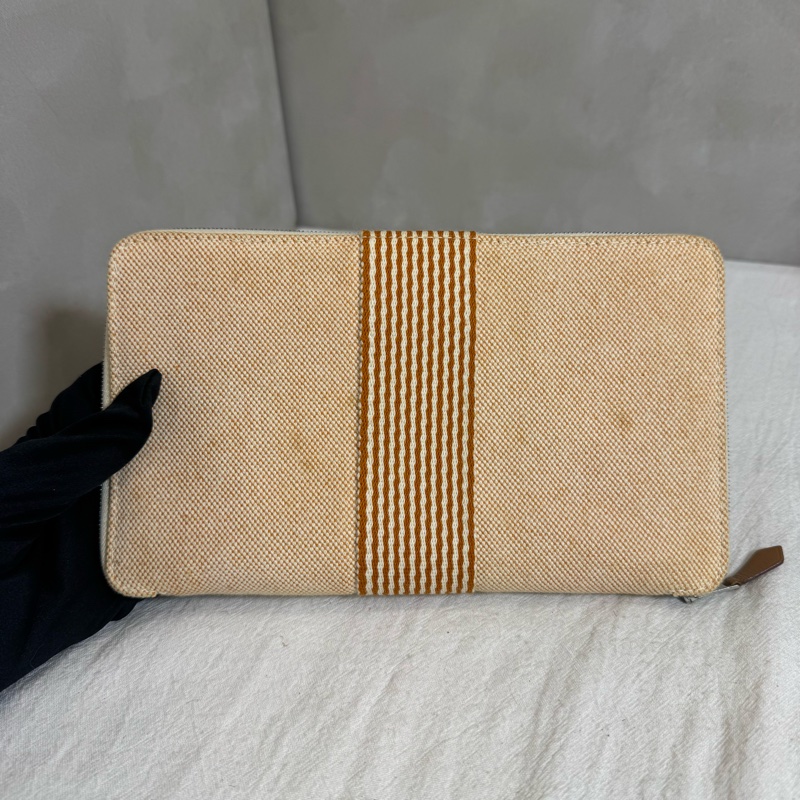 Hermes 髒橘拼色帆布亞麻ㄇ字拉鏈多功能手拿包-3