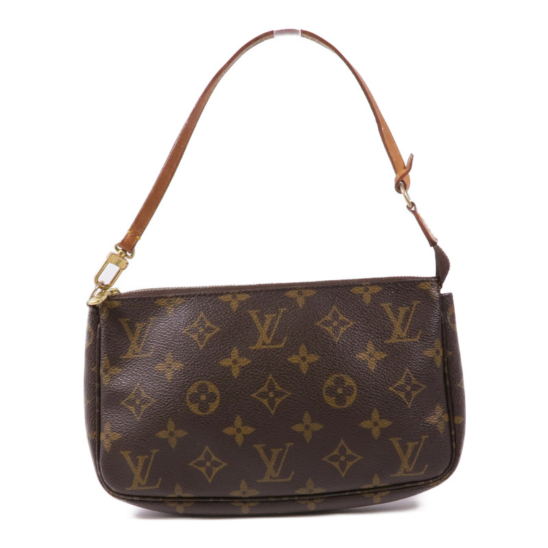 LOUIS VUITTON Monogram Pochette Accessoires金扣手挽袋棕色-0