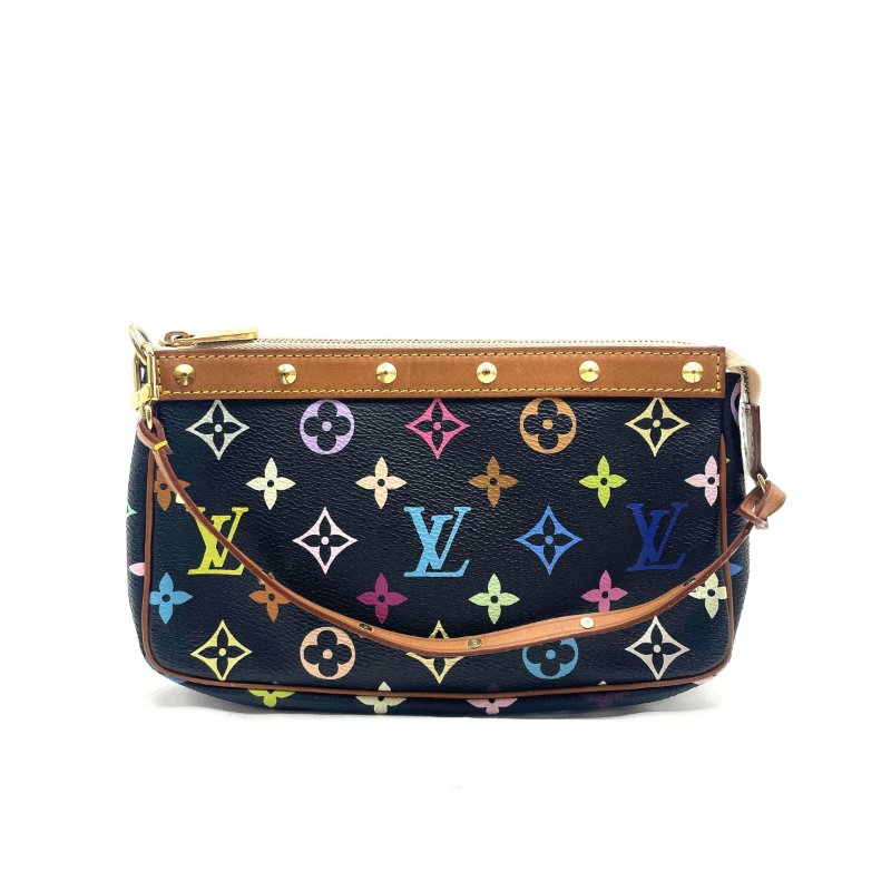 LV村上隆聯名黑三彩鉚釘腋下包 麻將包-0