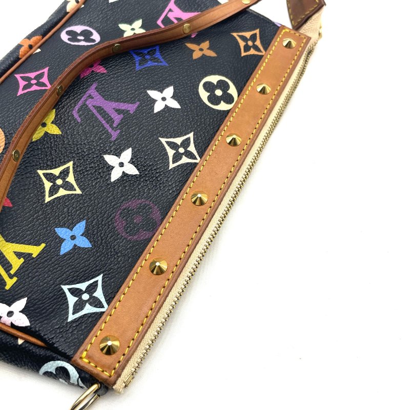 LV村上隆聯名黑三彩鉚釘腋下包 麻將包-7