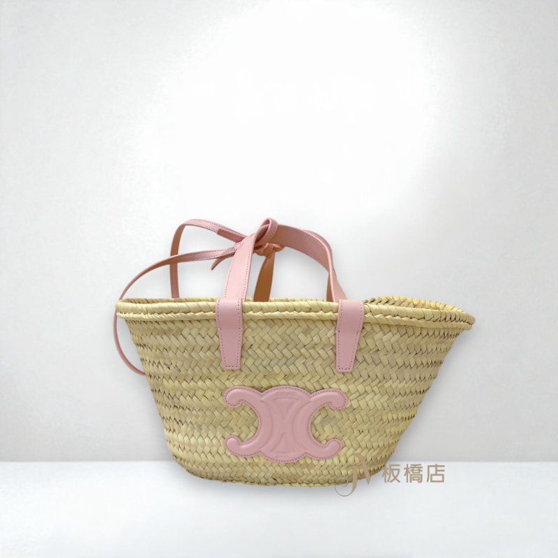 CELINE包包 粉色凱旋門LOGO草編手提肩背編織包-0