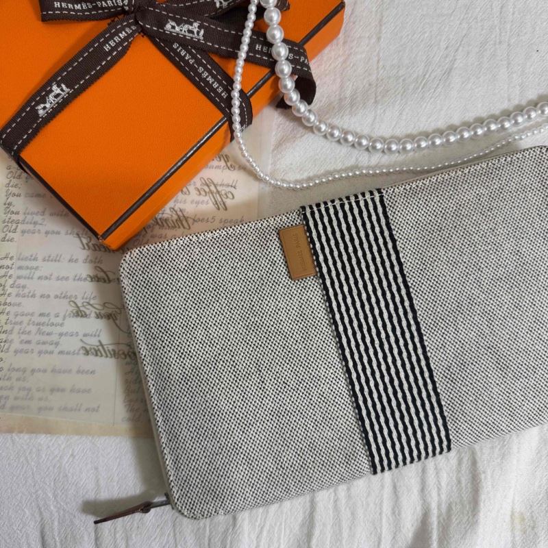 Hermes 黑拼色帆布亞麻ㄇ字拉鏈多功能手拿包-1