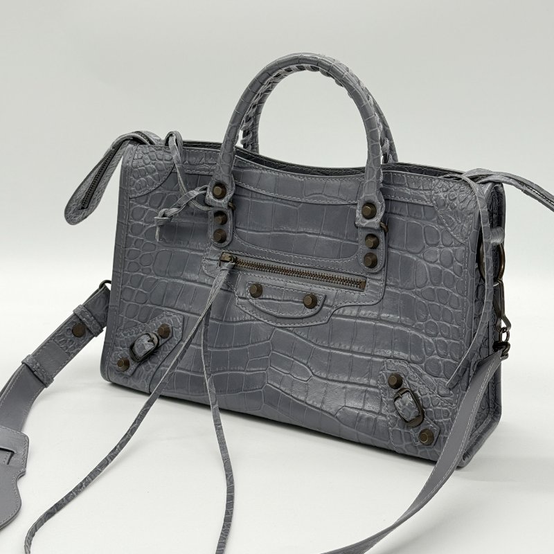 BALENCIAGA 巴黎世家 Calfskin Crocodile 藍灰色 牛皮 鱷魚壓紋 經典 機車包 Classic 手提包 斜背包-0