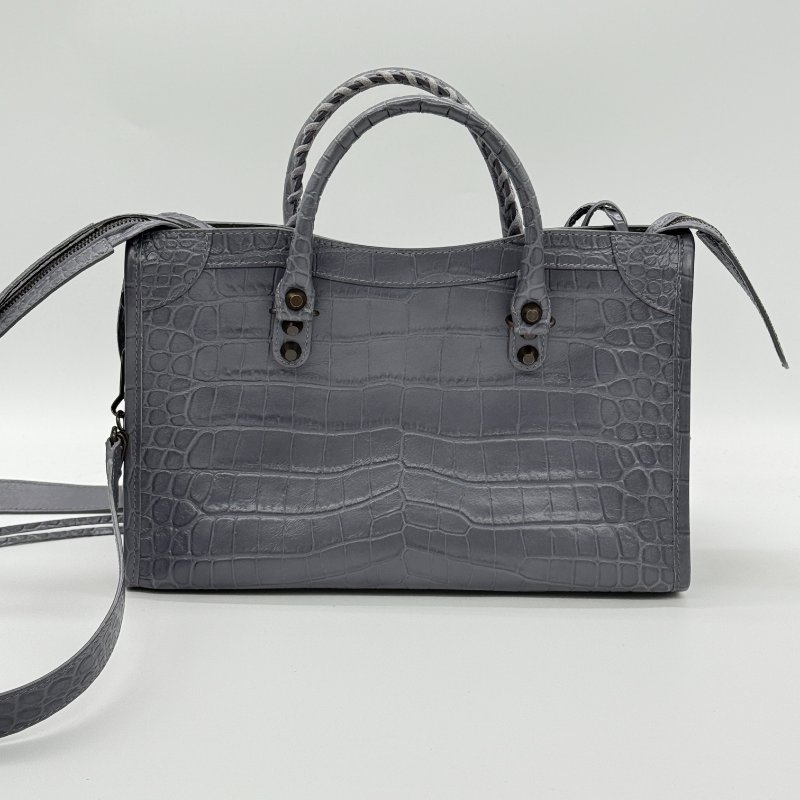 BALENCIAGA 巴黎世家 Calfskin Crocodile 藍灰色 牛皮 鱷魚壓紋 經典 機車包 Classic 手提包 斜背包-1