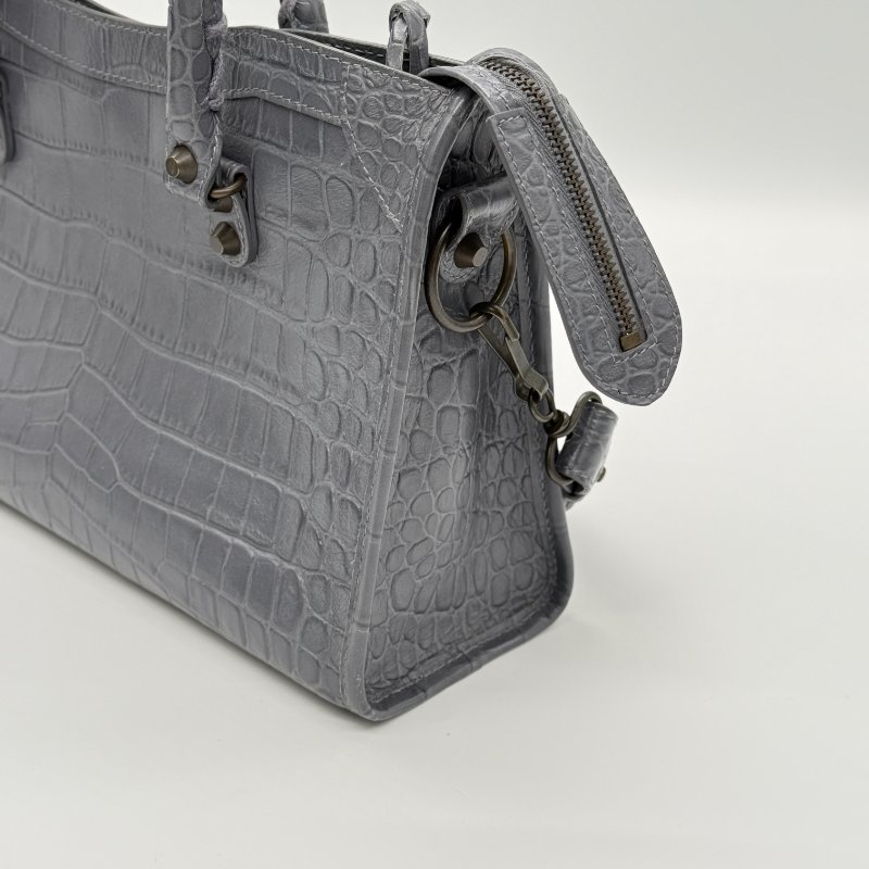 BALENCIAGA 巴黎世家 Calfskin Crocodile 藍灰色 牛皮 鱷魚壓紋 經典 機車包 Classic 手提包 斜背包-2